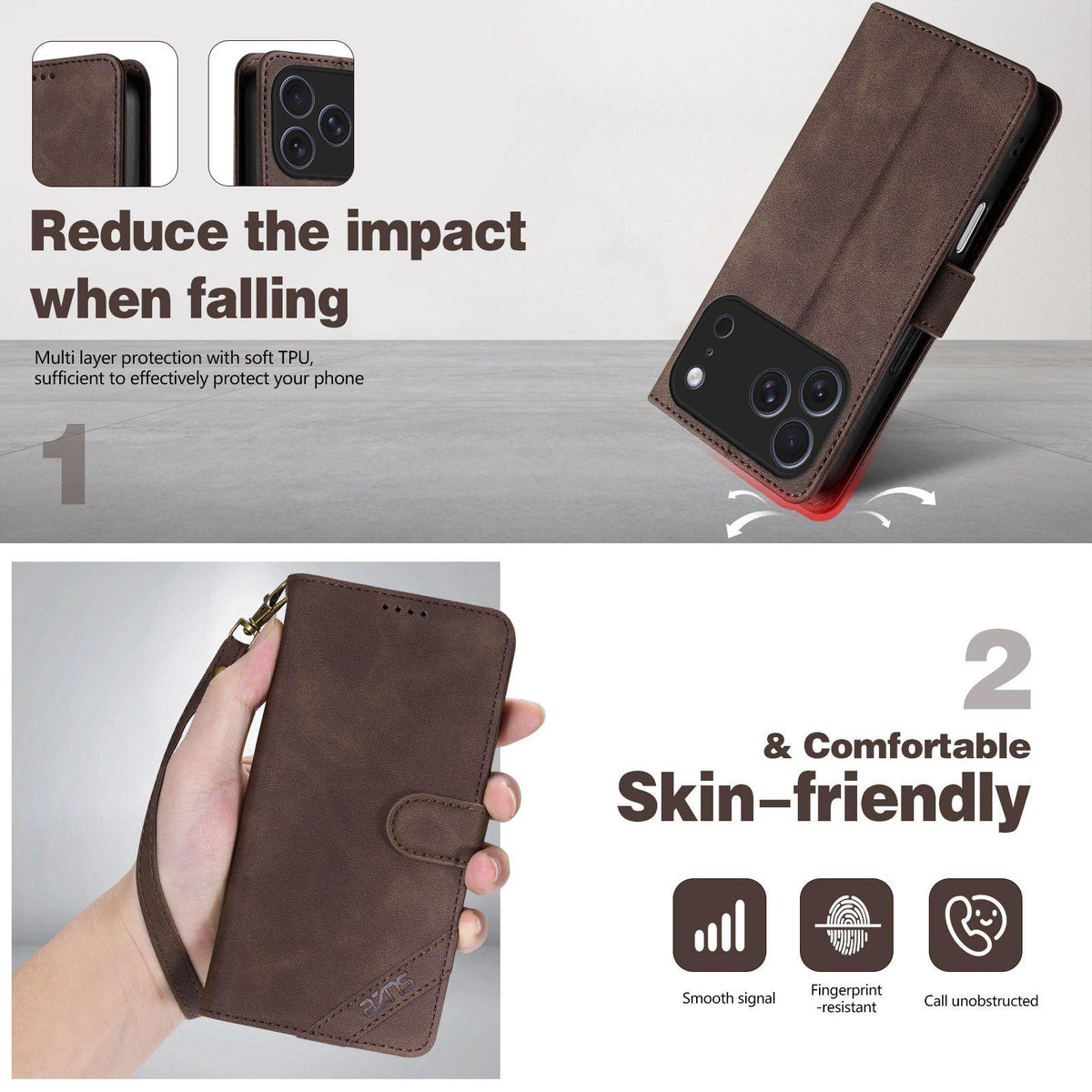 Compatible with iPhone 18 Pro Max AZNS A2 Series Tri-Card Wallet RFID Vegan Leather Phone Case with Strap - Brown