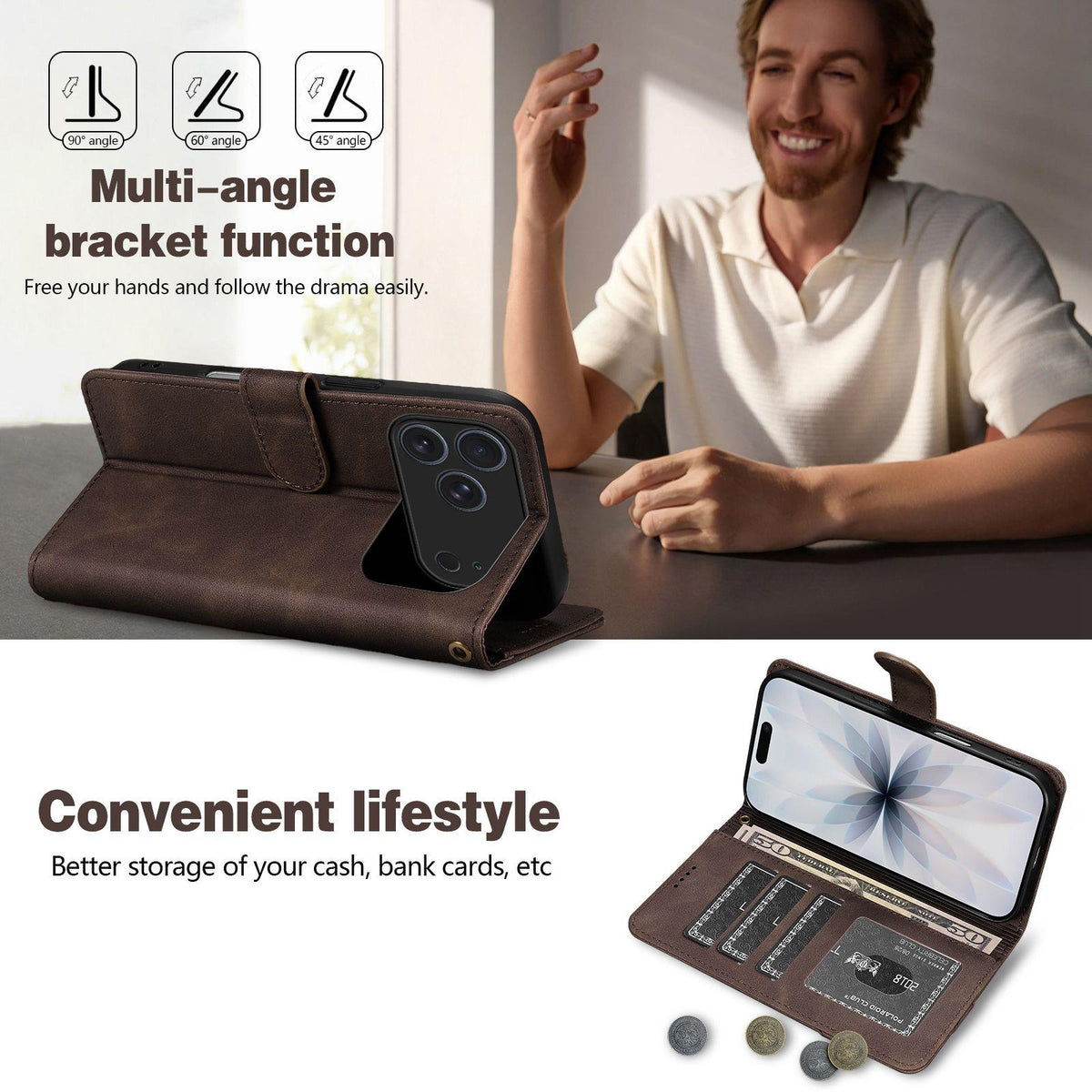 Compatible with iPhone 18 Pro Max AZNS A2 Series Tri-Card Wallet RFID Vegan Leather Phone Case with Strap - Brown