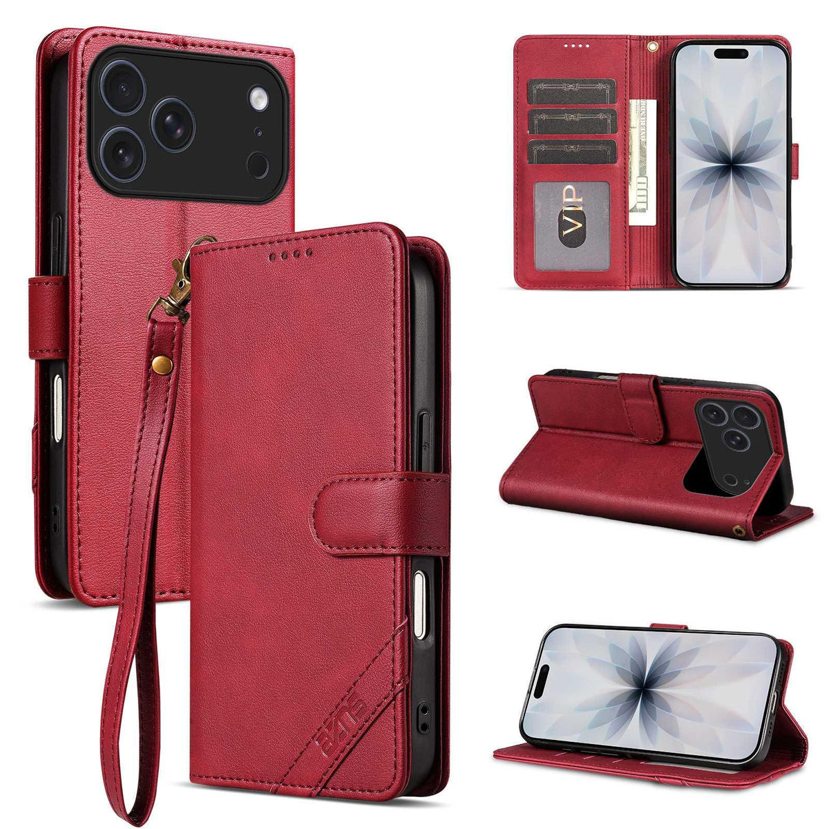 Compatible with iPhone 18 Pro Max AZNS A2 Series Tri-Card Wallet RFID Vegan Leather Phone Case with Strap - Red