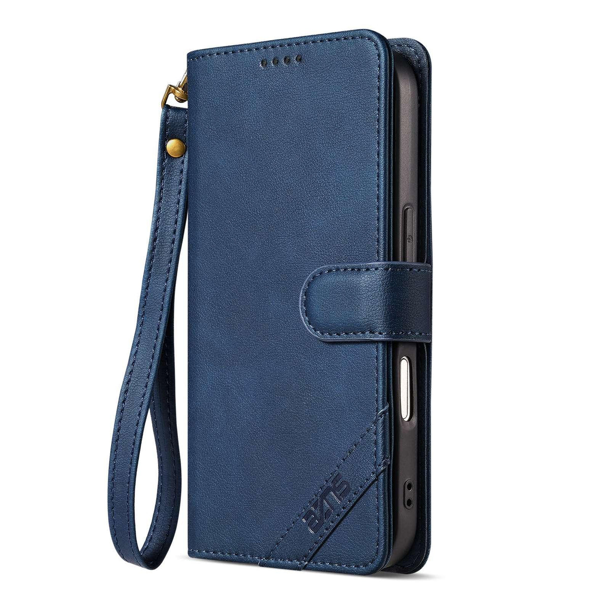 Compatible with iPhone 18 Pro Max AZNS A2 Series Tri-Card Wallet RFID Vegan Leather Phone Case with Strap - Blue
