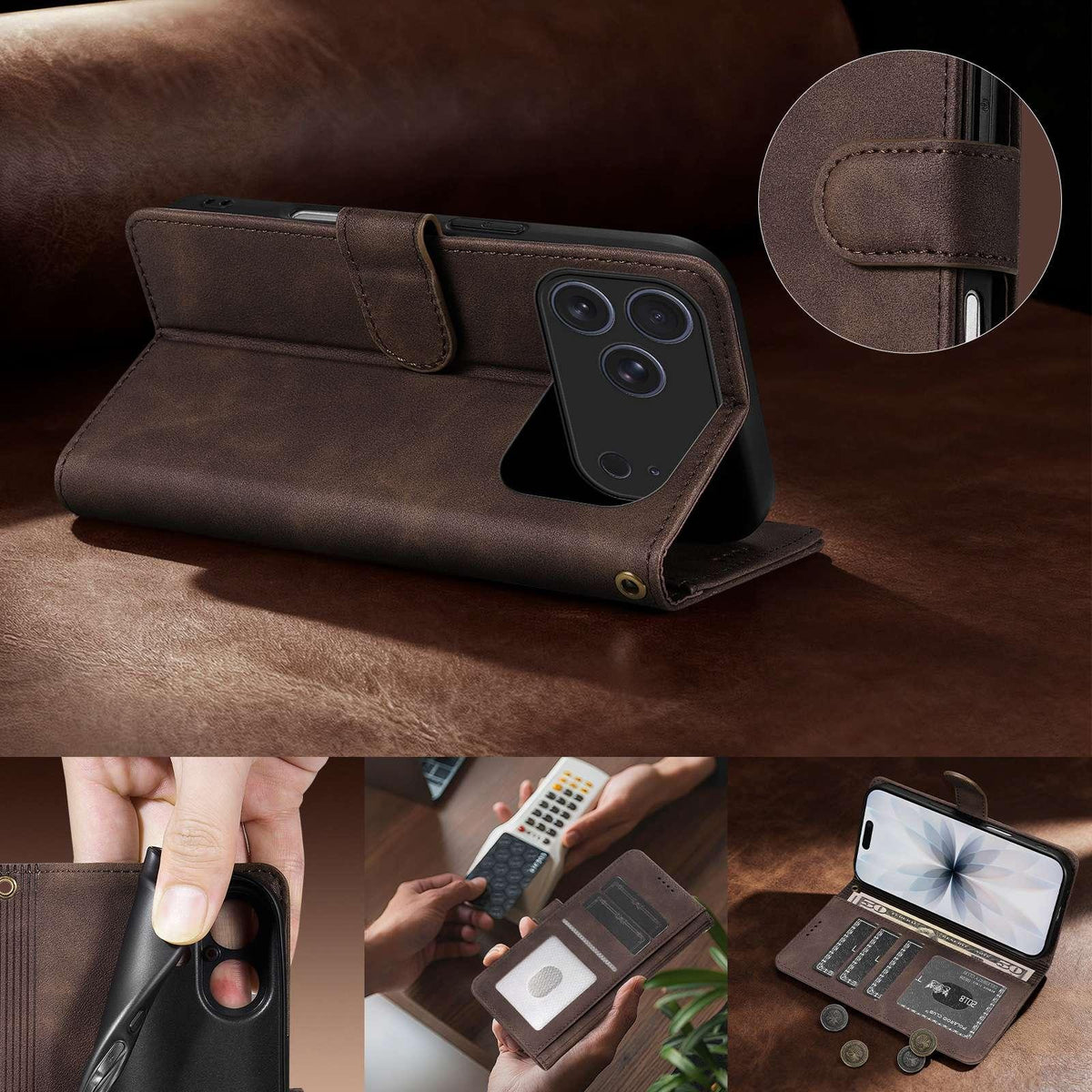 Compatible with iPhone 18 Pro AZNS A2 Series Tri-Card Wallet RFID Vegan Leather Phone Case with Strap - Purple