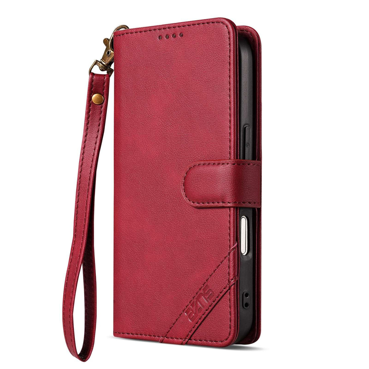 Compatible with iPhone 18 Pro AZNS A2 Series Tri-Card Wallet RFID Vegan Leather Phone Case with Strap - Red
