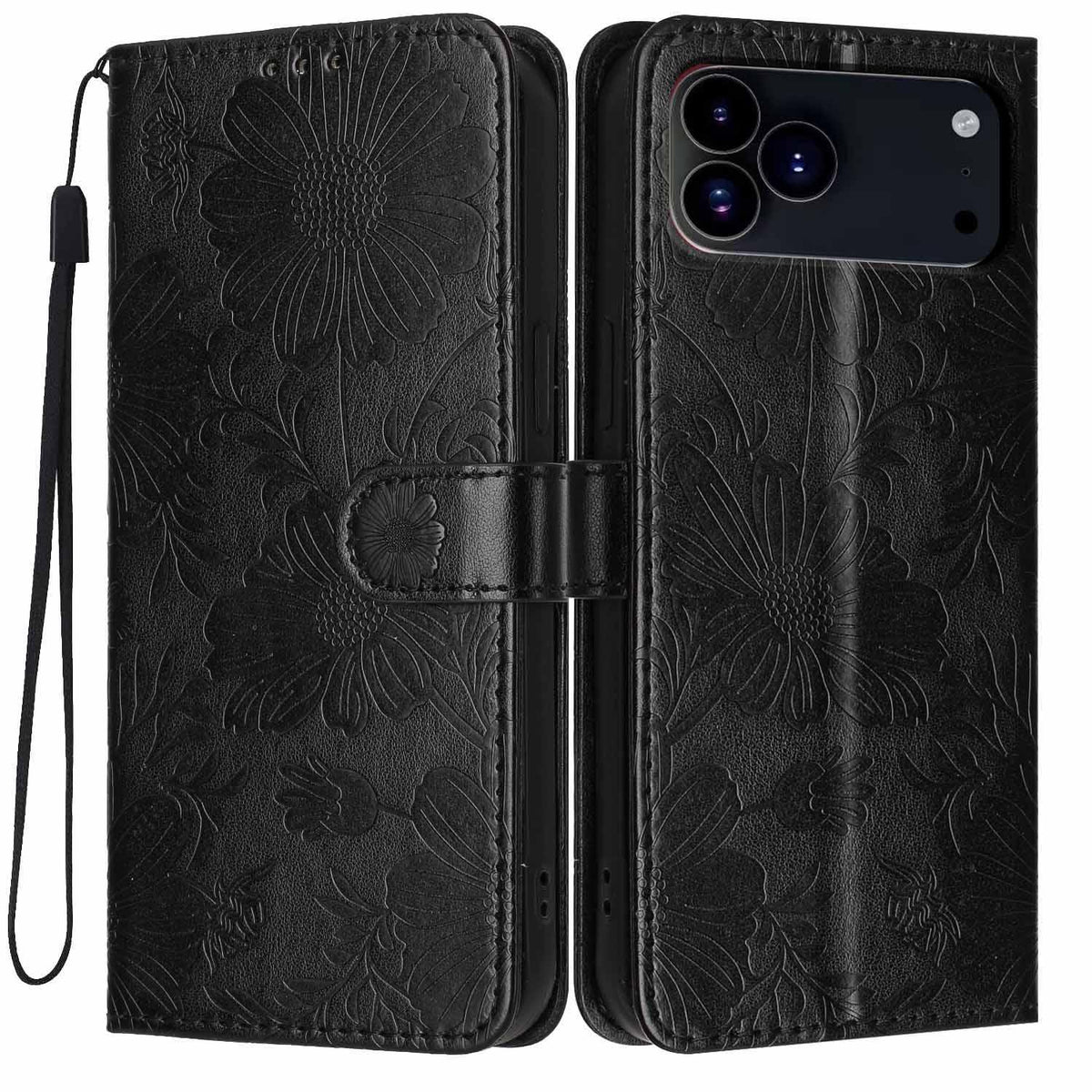 Compatible with iPhone 18 Pro Max Sunflower Embossed Vegan Leather Phone Case with Small Black Rope - Black
