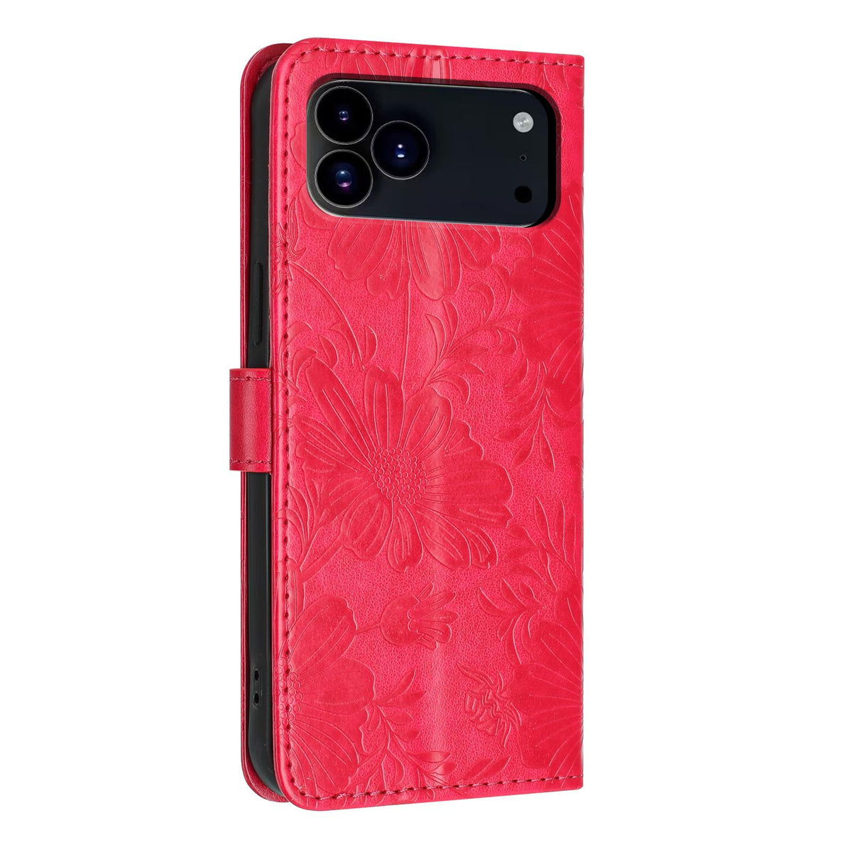 Compatible with iPhone 18 Pro Max Sunflower Embossed Vegan Leather Phone Case with Small Black Rope - Red