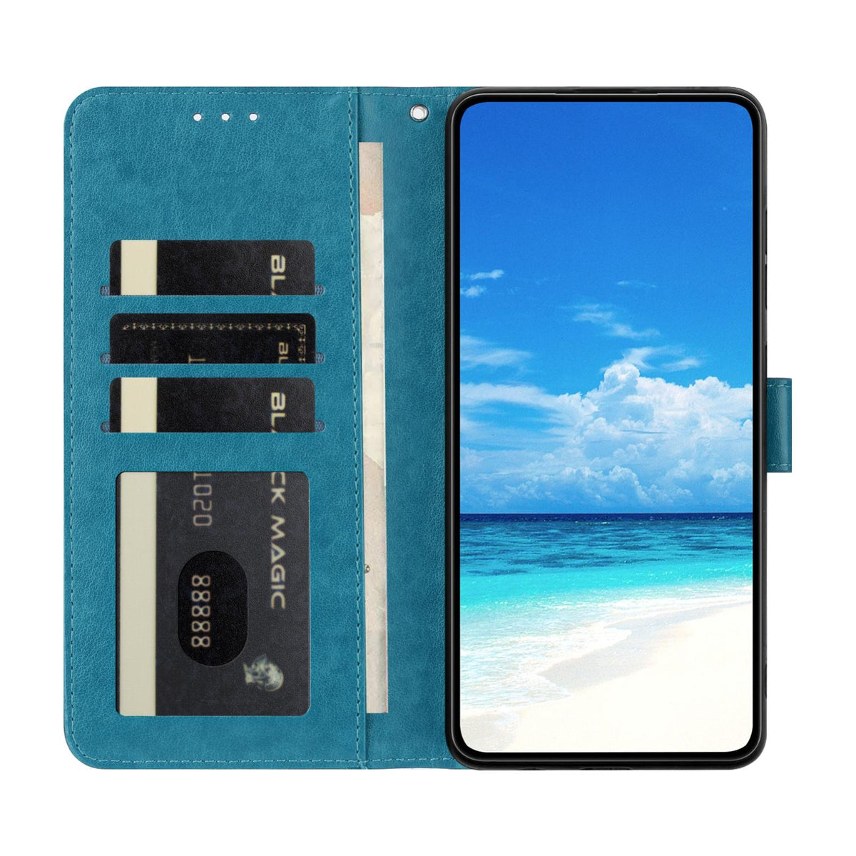 Compatible with iPhone 18 Pro Sunflower Embossed Vegan Leather Phone Case with Small Black Rope - Blue