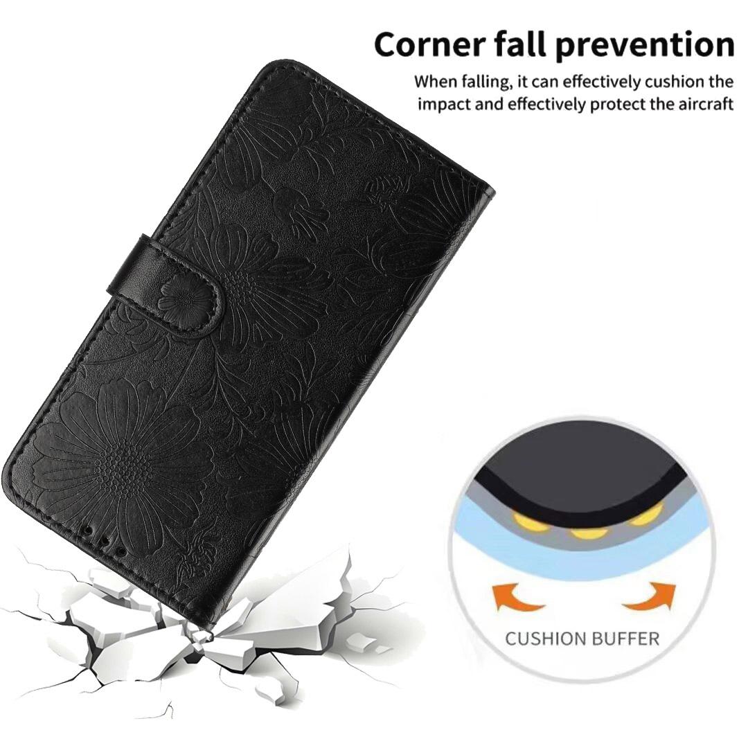 Compatible with iPhone 18 Pro Sunflower Embossed Vegan Leather Phone Case with Small Black Rope - Black