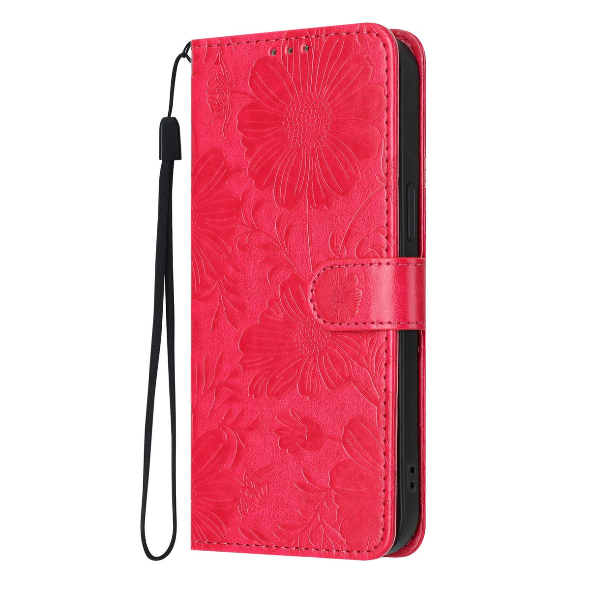 Compatible with iPhone 18 Pro Sunflower Embossed Vegan Leather Phone Case with Small Black Rope - Red