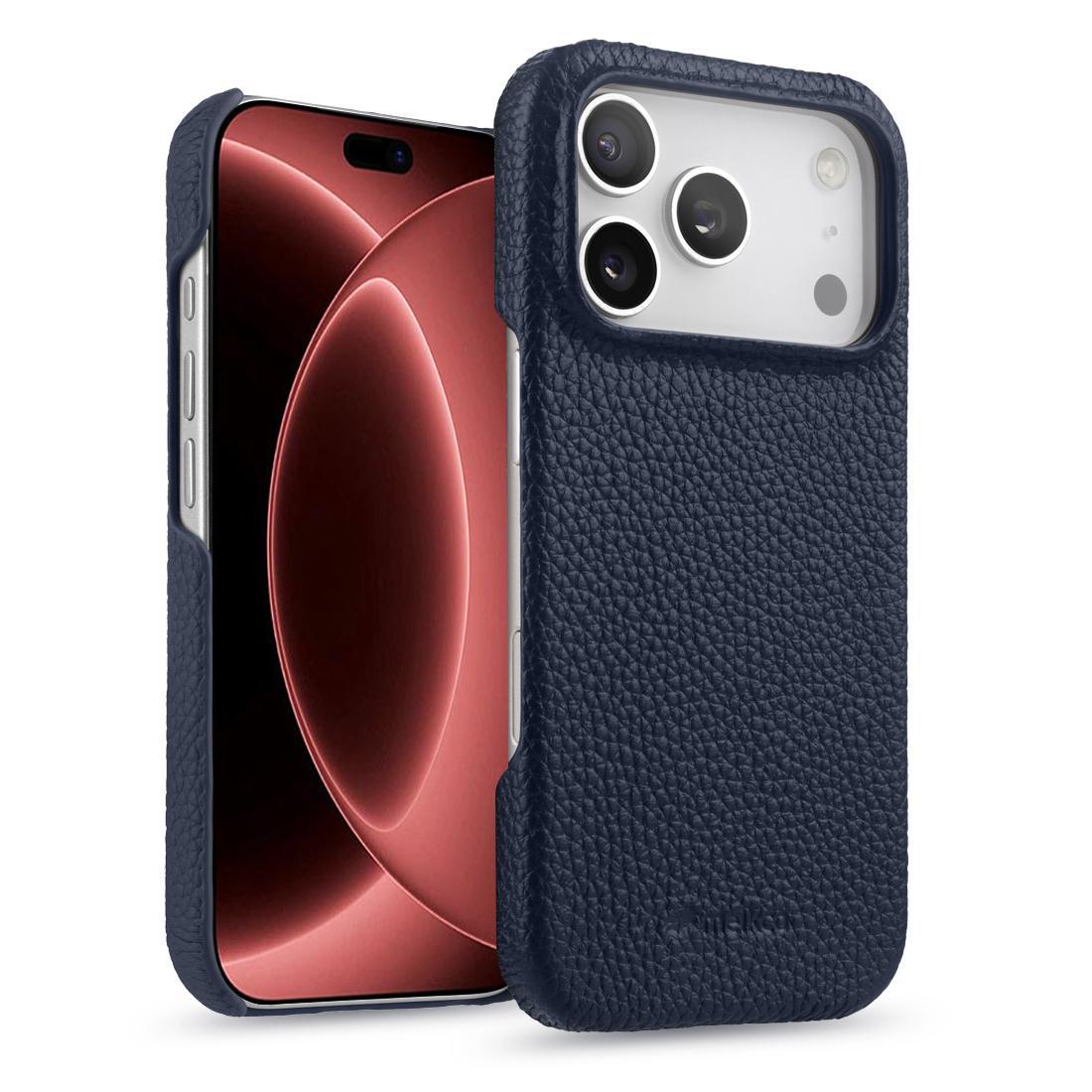 Compatible with iPhone 18 Pro Max melkco Litchi Texture Magnetic Half Coverage Leather Phone Case - Dark Blue