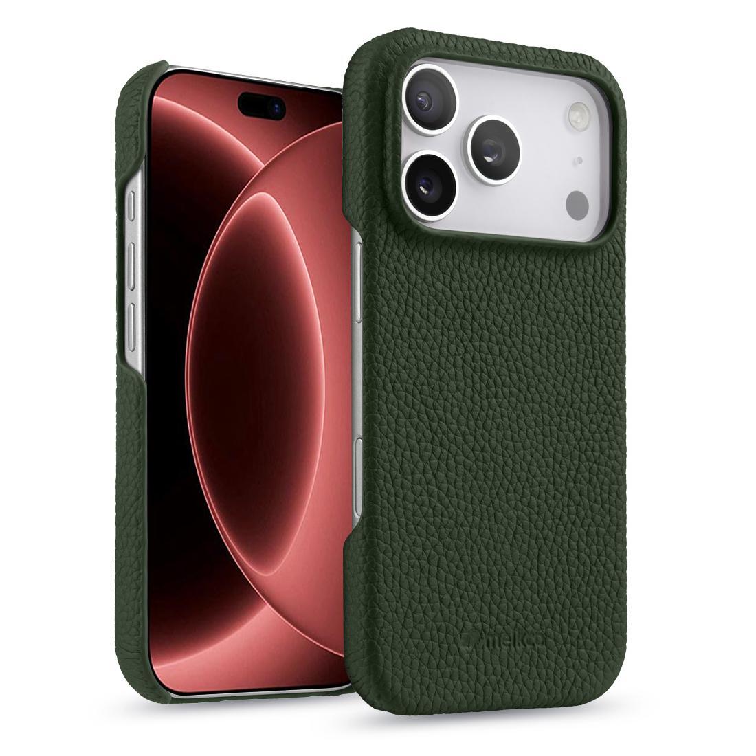 Compatible with iPhone 18 Pro Max melkco Litchi Texture Magnetic Half Coverage Leather Phone Case - Dark Green