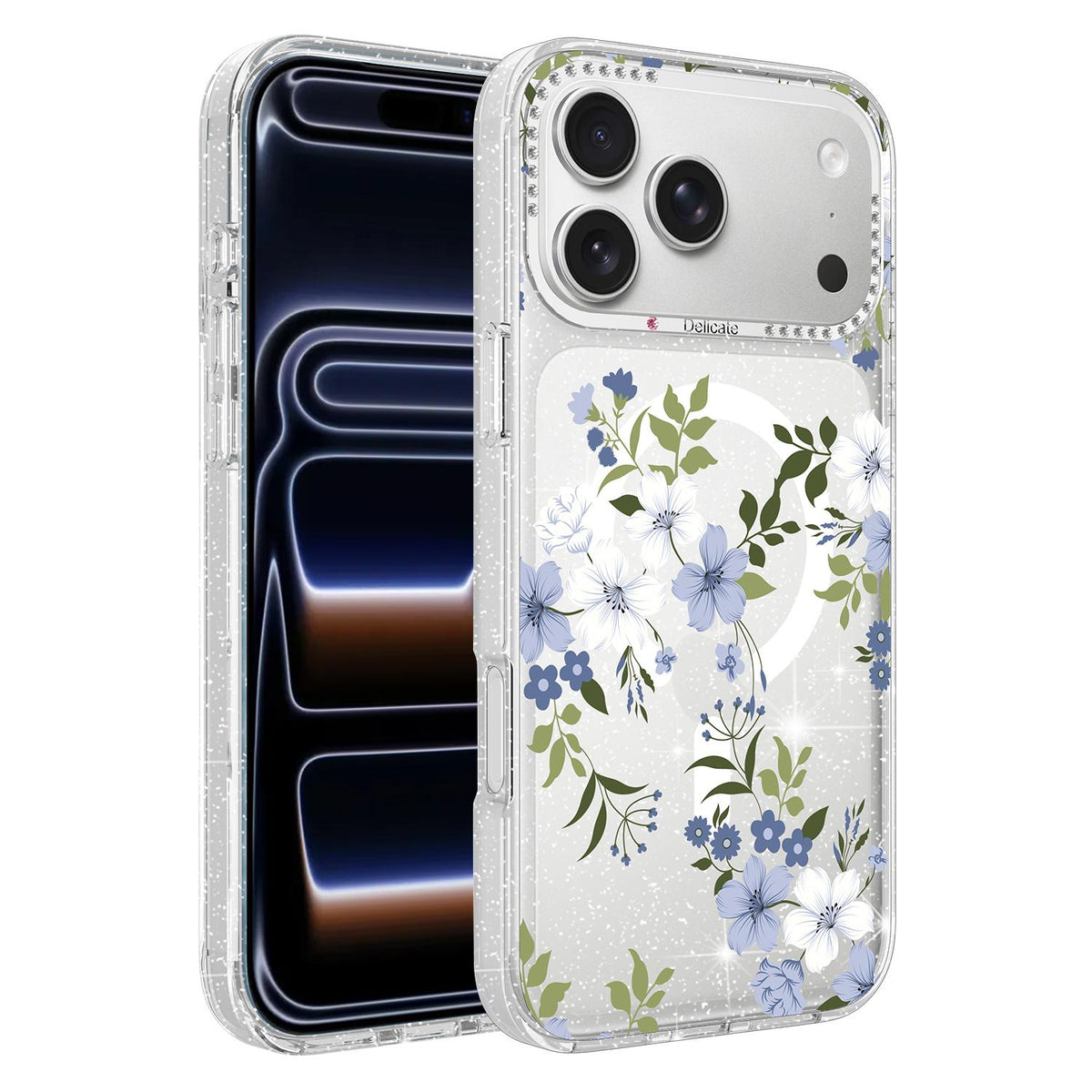 Compatible with iPhone 18 Pro Max Flower Pattern IMD Glitter Magnetic Phone Case - Bluebell Flower