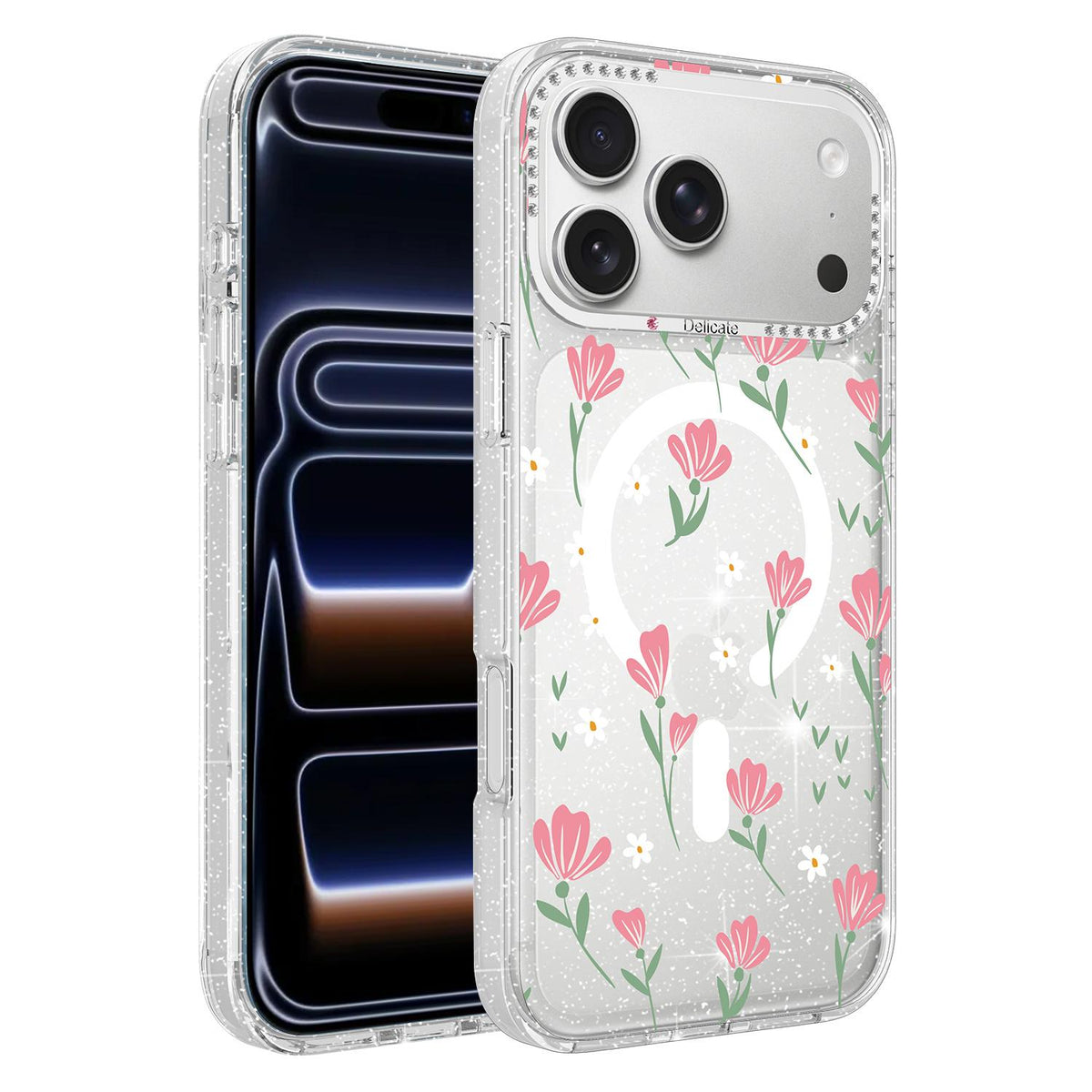 Compatible with iPhone 18 Pro Max Flower Pattern IMD Glitter Magnetic Phone Case - Cherry Blossom Bouquet