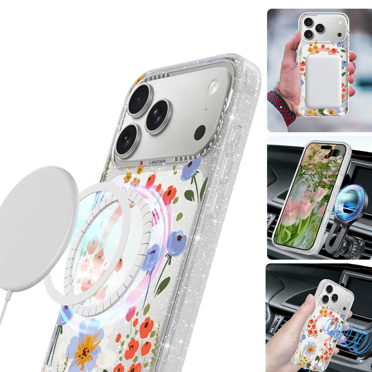 Compatible with iPhone 18 Pro Max Flower Pattern IMD Glitter Magnetic Phone Case - Warm Orange Blossom