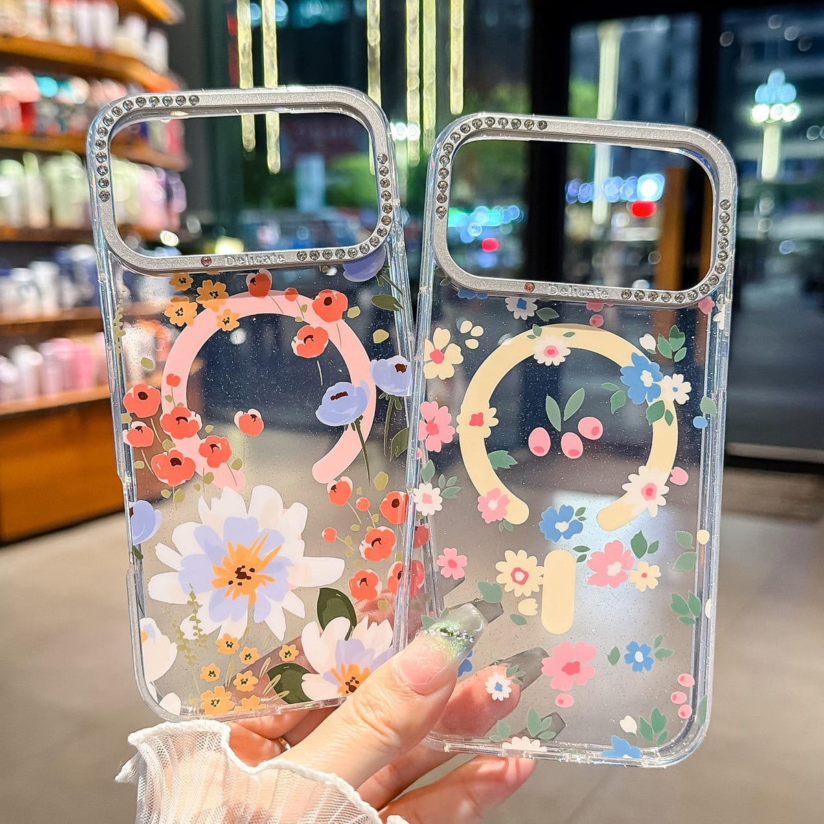 Compatible with iPhone 18 Pro Max Flower Pattern IMD Glitter Magnetic Phone Case - Warm Orange Blossom