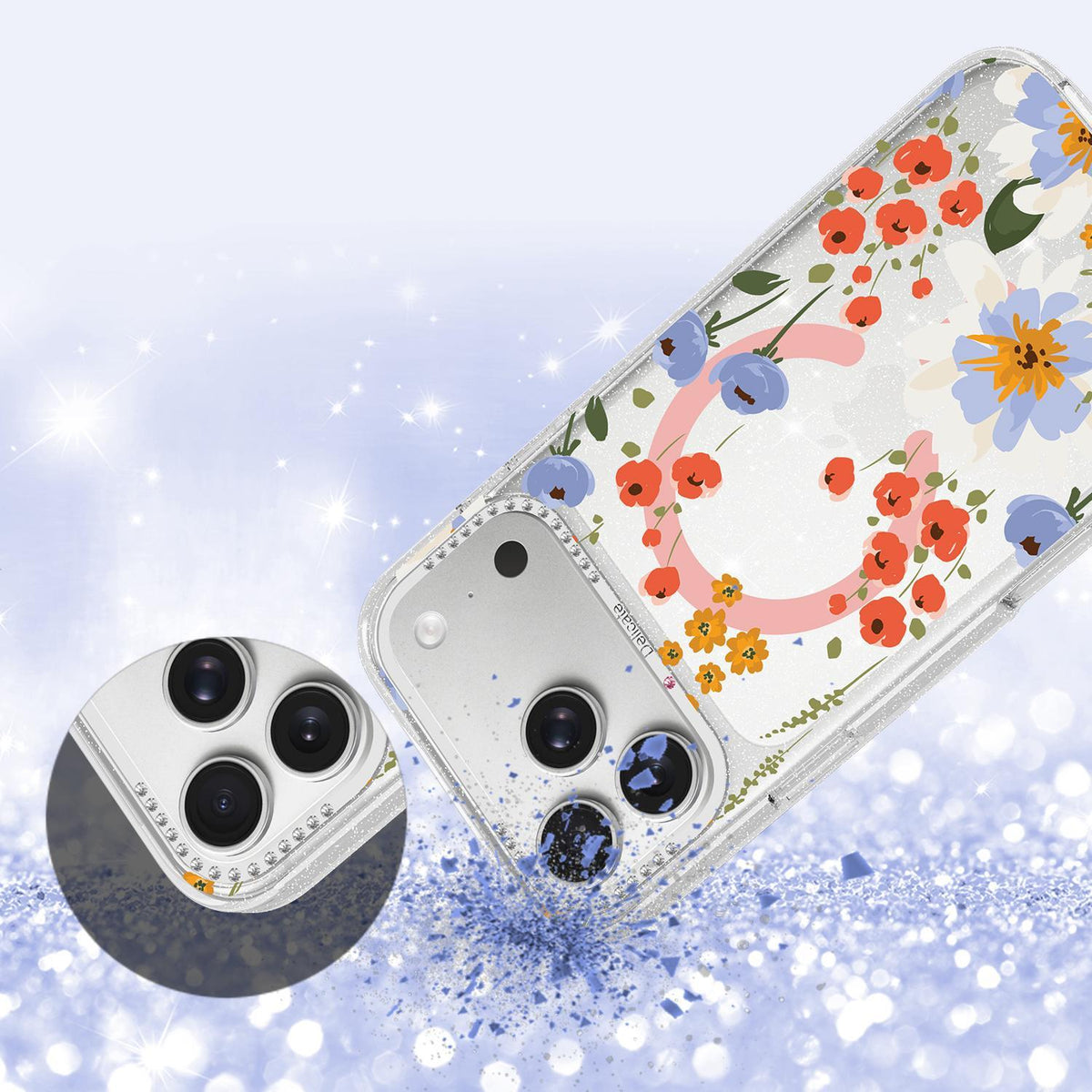 Compatible with iPhone 18 Pro Max Flower Pattern IMD Glitter Magnetic Phone Case - Warm Orange Blossom