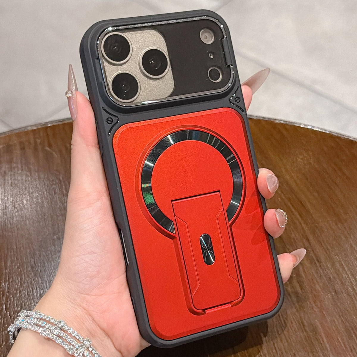 Compatible with iPhone 18 Pro Max Shockproof Lens Cover Magnetic Phone Case with Hidden Holder - Red