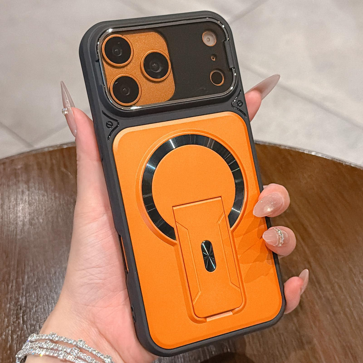 Compatible with iPhone 18 Pro Shockproof Lens Cover Magnetic Phone Case with Hidden Holder - Orange