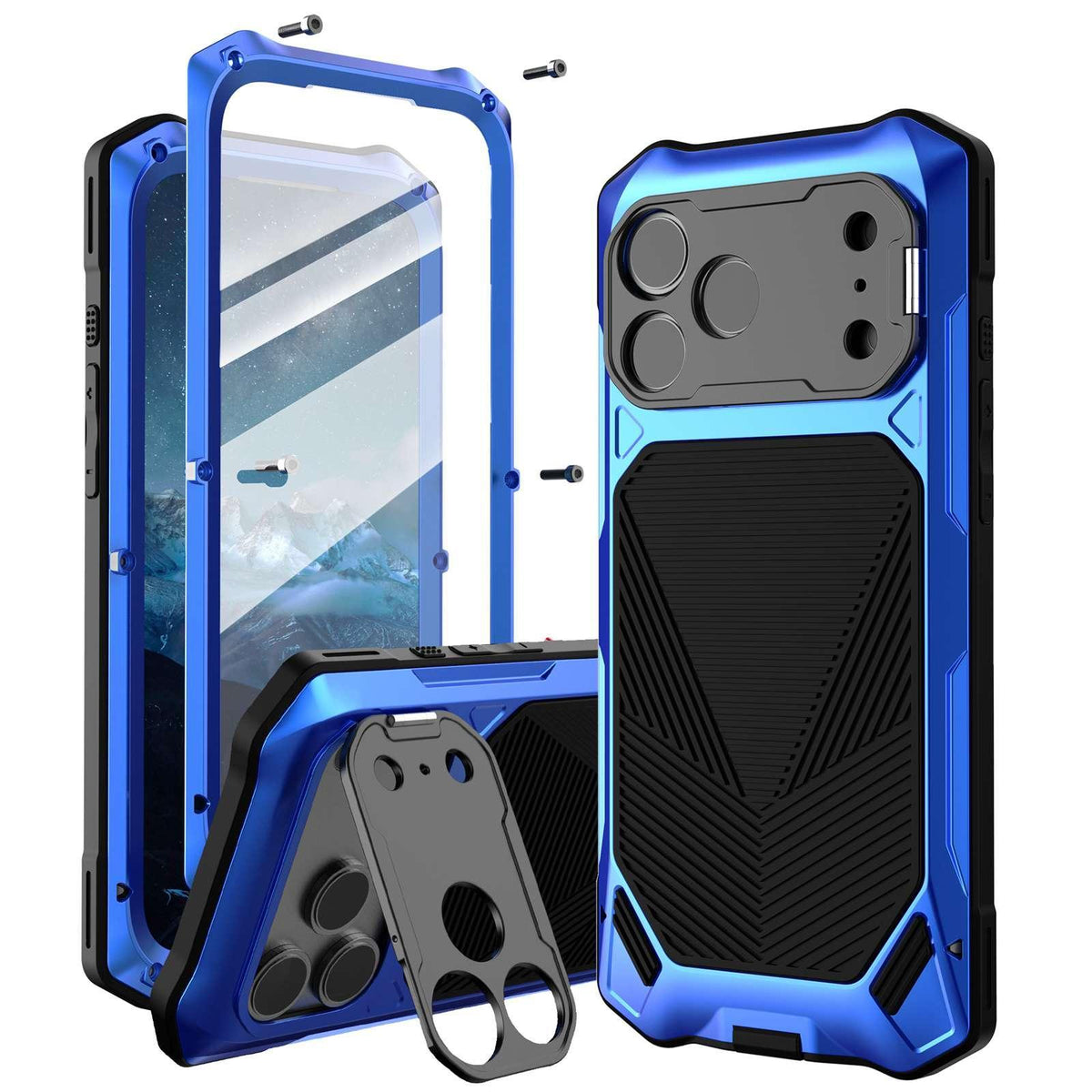 Compatible with iPhone 18 Pro Max Metal Armor Construction IP65 Waterproof Magnetic Phone Case - Blue