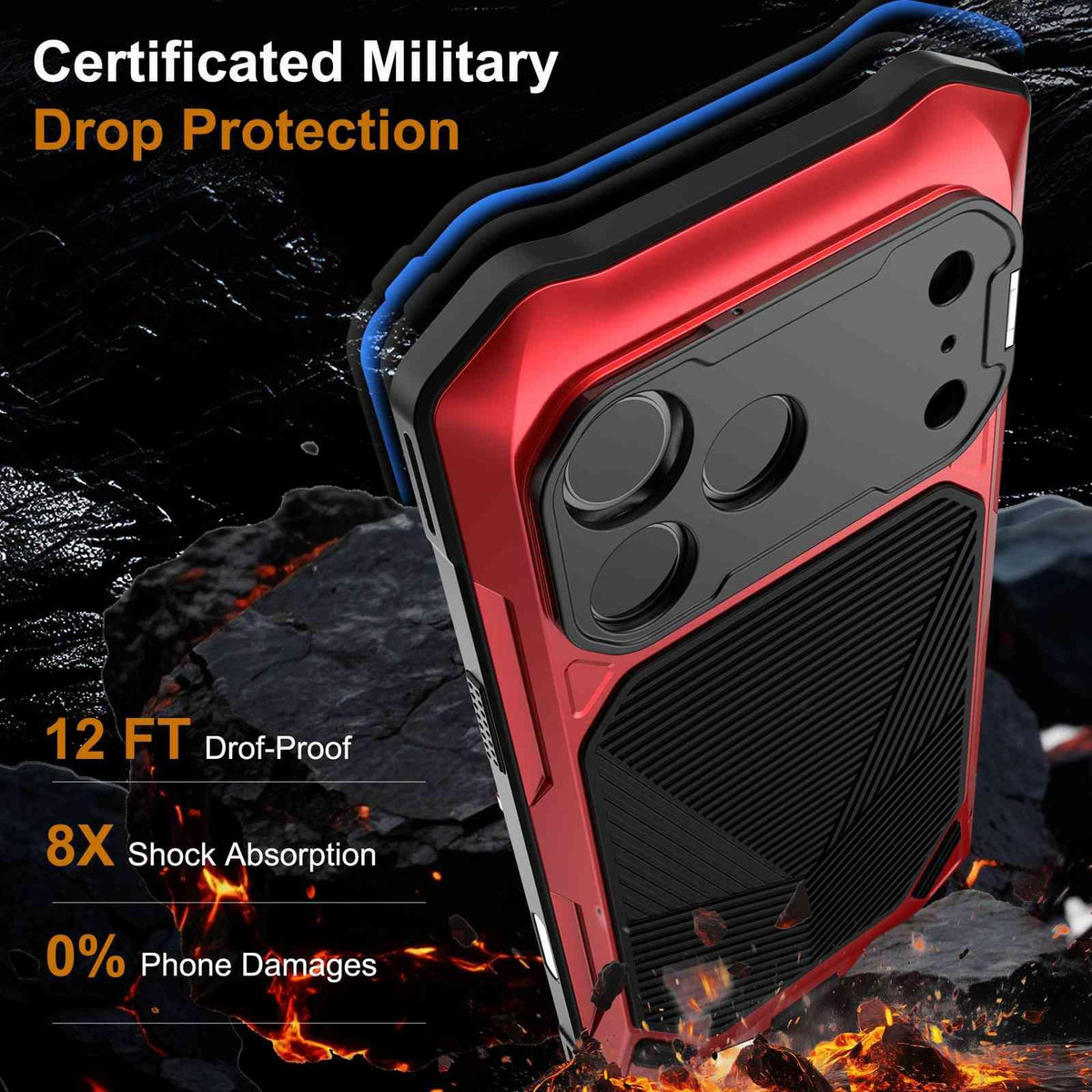 Compatible with iPhone 18 Pro Metal Armor Construction IP65 Waterproof Magnetic Phone Case - Red