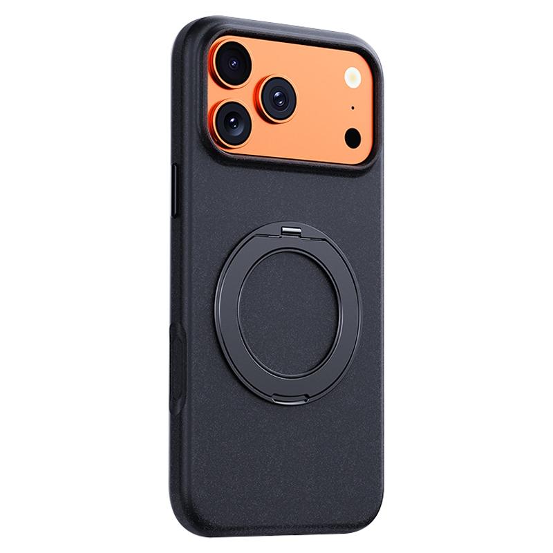Compatible with iPhone 18 Pro Max & 17 Pro Max Boundless Series Rock Sand Magnetic Phone Case with 360 Degree Rotating Alloy Stand - Black
