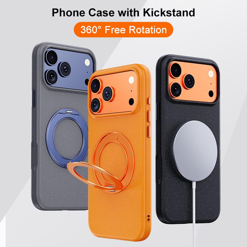 Compatible with iPhone 18 Pro Max & 17 Pro Max Boundless Series Rock Sand Magnetic Phone Case with 360 Degree Rotating Alloy Stand - Yellow