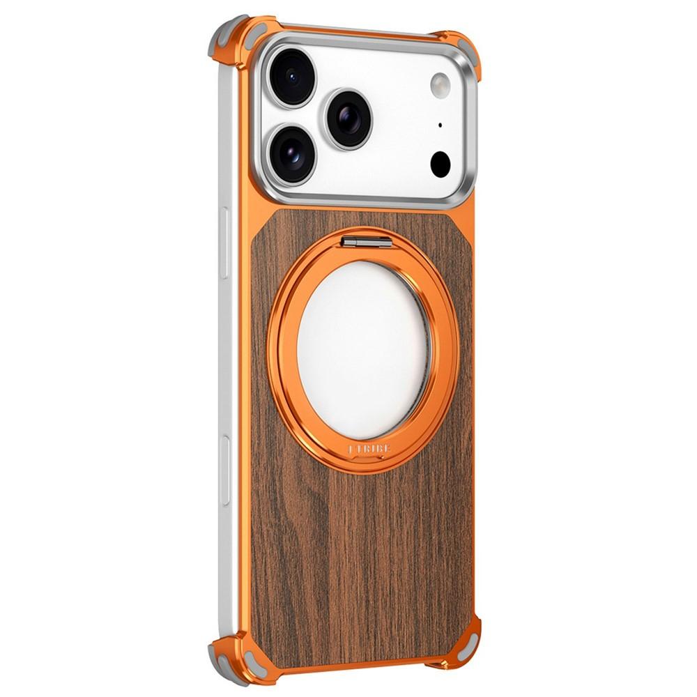 Compatible with iPhone 18 Pro Max & 17 Pro Max Walnut Wood Frameless Hollow Magnetic Phone Case with Rotating Holder - Orange