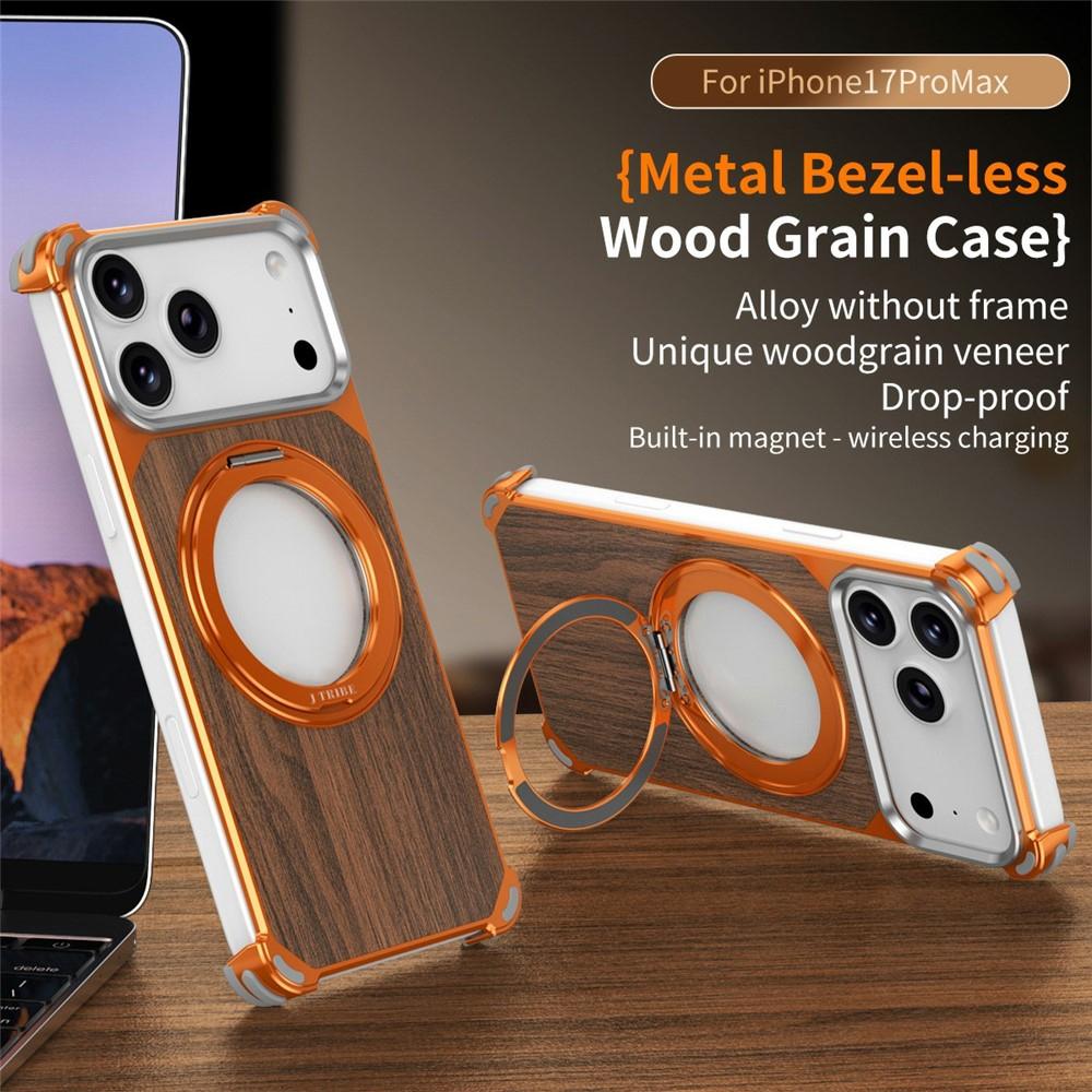 Compatible with iPhone 18 Pro & 17 Pro Walnut Wood Frameless Hollow Magnetic Phone Case with Rotating Holder - Titanium