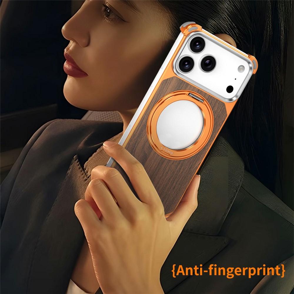 Compatible with iPhone 18 Pro Max & 17 Pro Max Walnut Wood Frameless Hollow Magnetic Phone Case with Rotating Holder - Orange