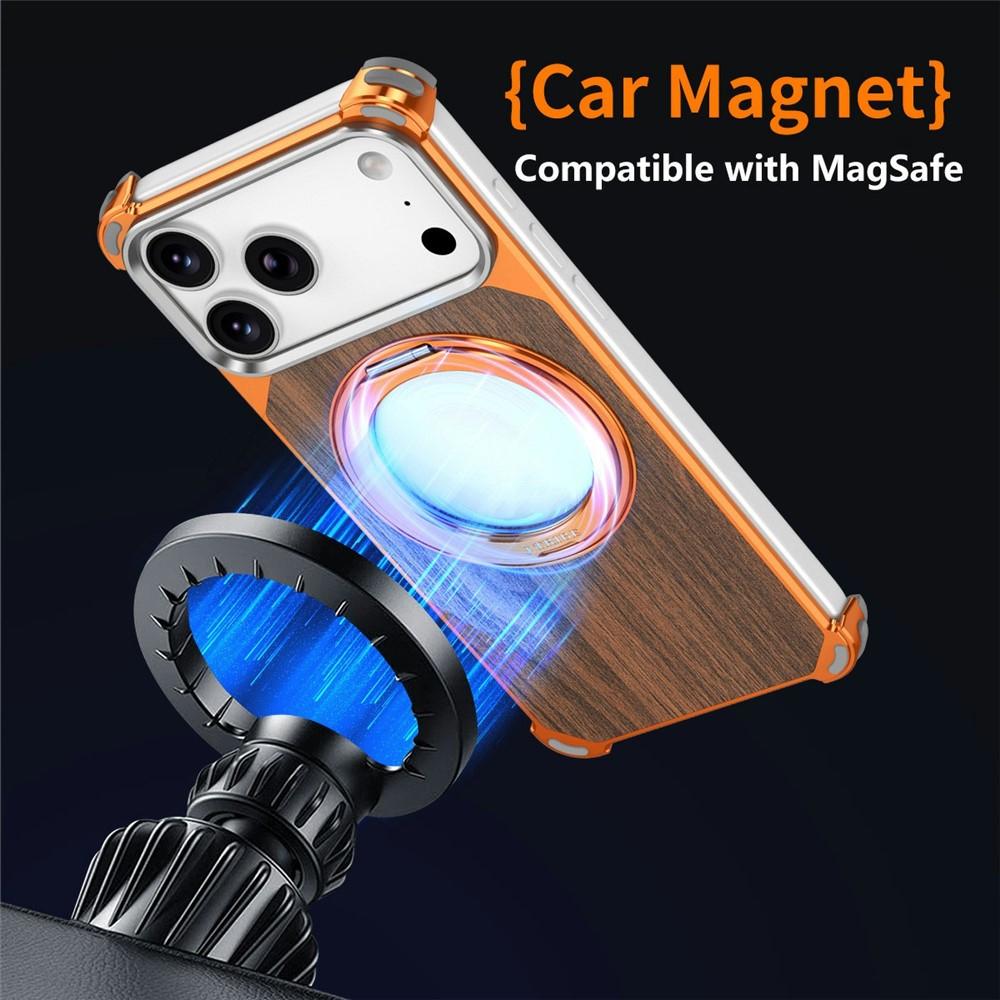 Compatible with iPhone 18 Pro & 17 Pro Walnut Wood Frameless Hollow Magnetic Phone Case with Rotating Holder - Titanium