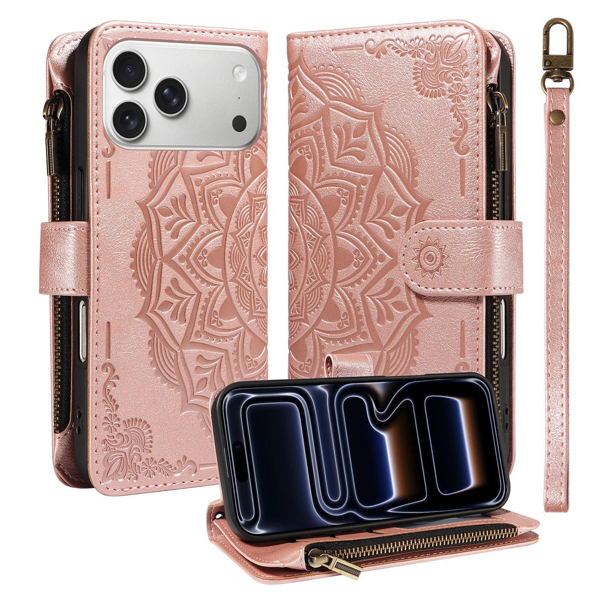 Compatible with iPhone 18 Pro Max & 17 Pro Max Mandala Embossed 9-Card Zipper RFID Vegan Leather Phone Case with Short Lanyard - Rose Gold