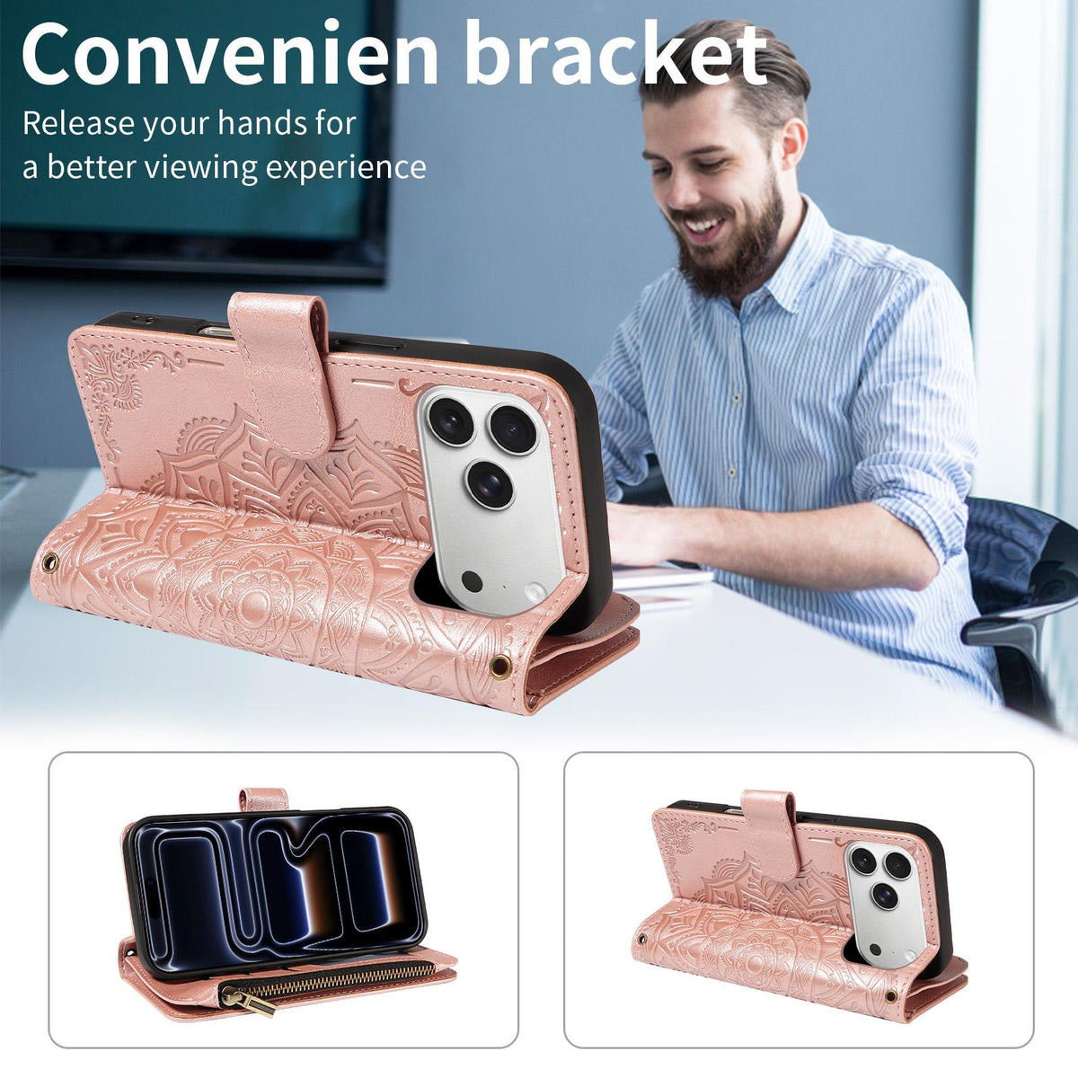 Compatible with iPhone 18 Pro Max & 17 Pro Max Mandala Embossed 9-Card Zipper RFID Vegan Leather Phone Case with Short Lanyard - Rose Gold