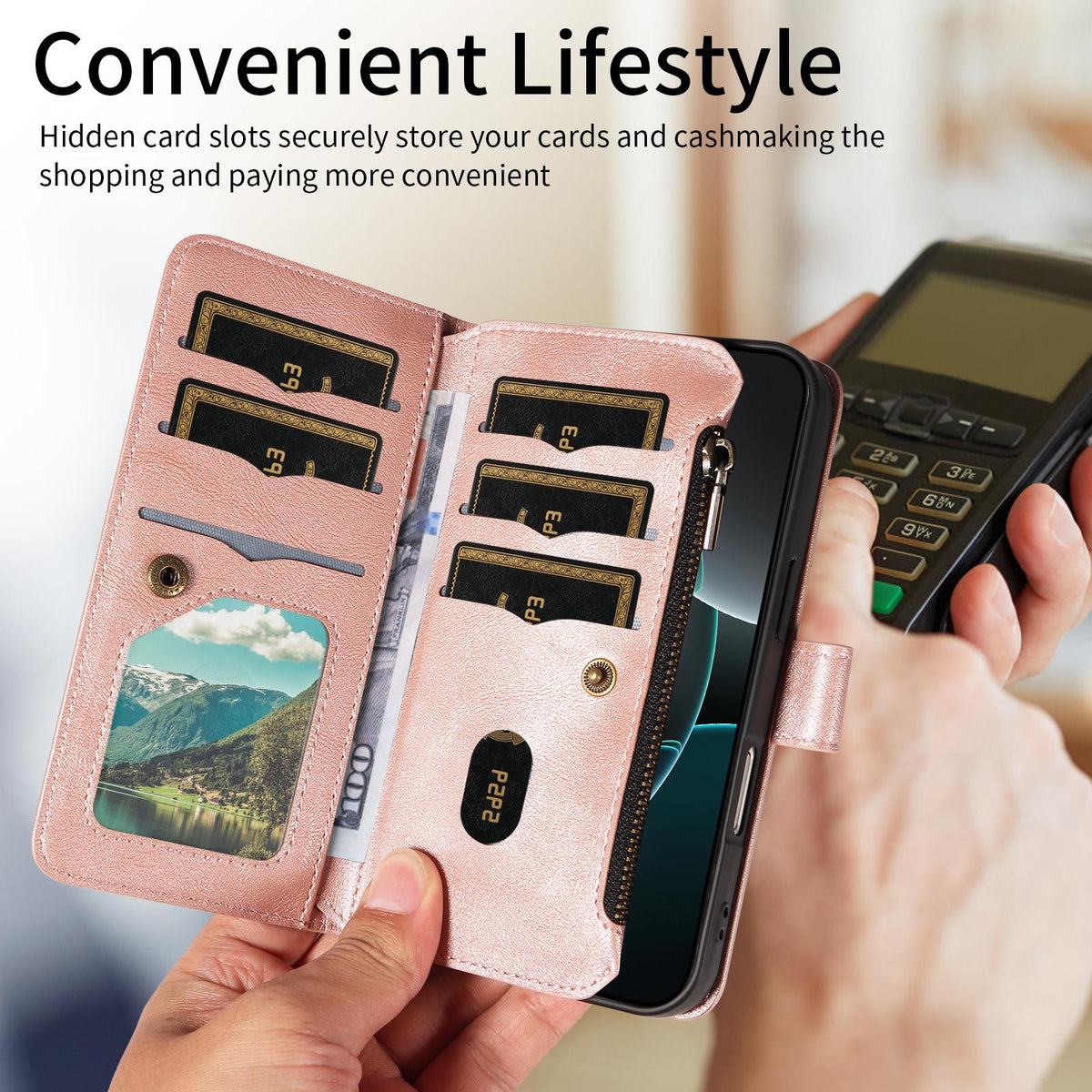 Compatible with iPhone 18 Pro Max & 17 Pro Max Mandala Embossed 9-Card Zipper RFID Vegan Leather Phone Case with Short Lanyard - Rose Gold
