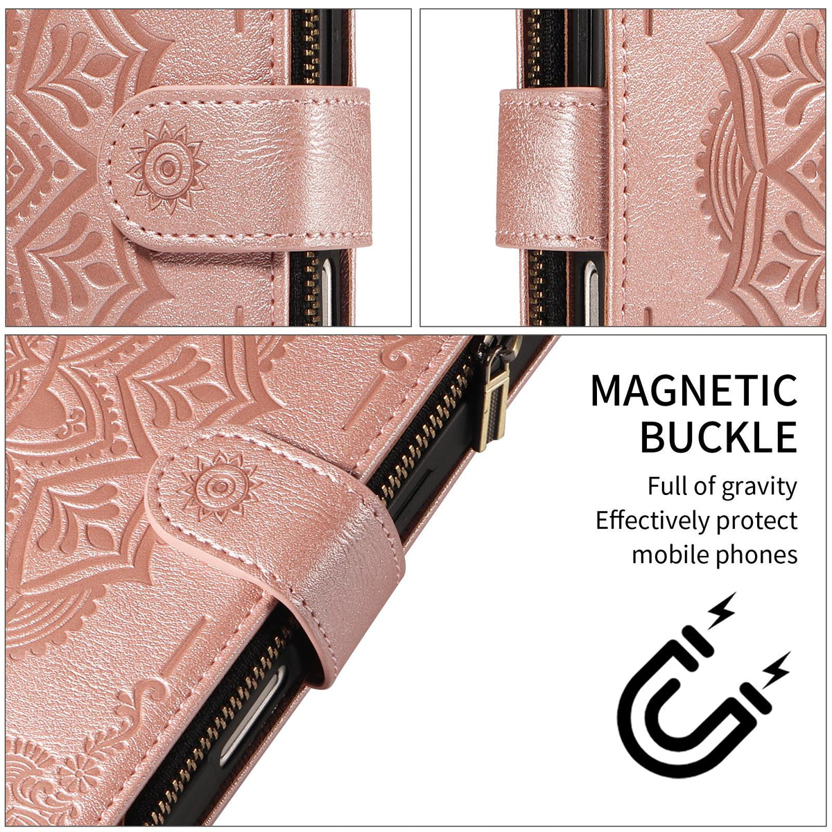 Compatible with iPhone 18 Pro Max & 17 Pro Max Mandala Embossed 9-Card Zipper RFID Vegan Leather Phone Case with Short Lanyard - Rose Gold