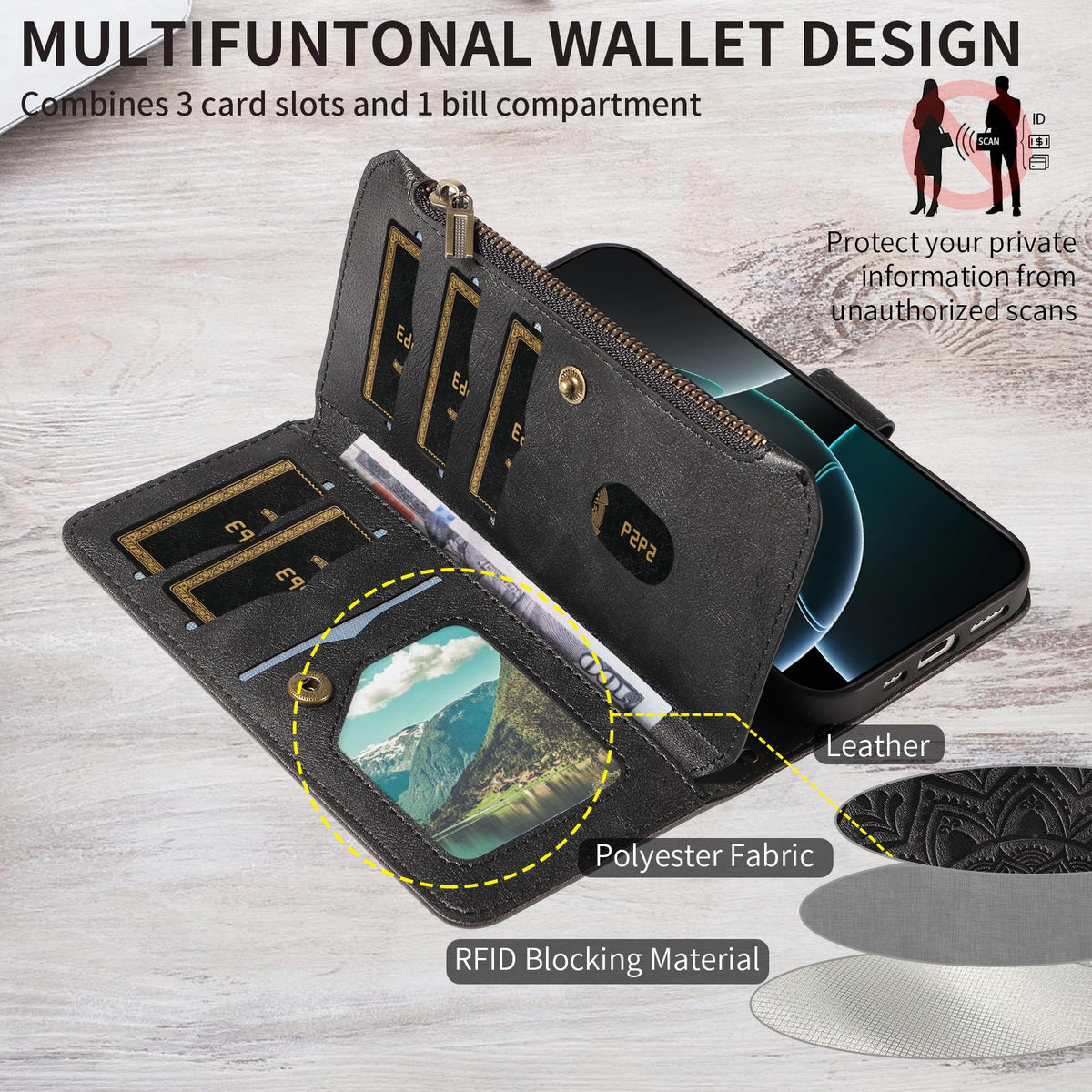 Compatible with iPhone 18 Pro Max & 17 Pro Max Mandala Embossed 9-Card Zipper RFID Vegan Leather Phone Case with Short Lanyard - Black