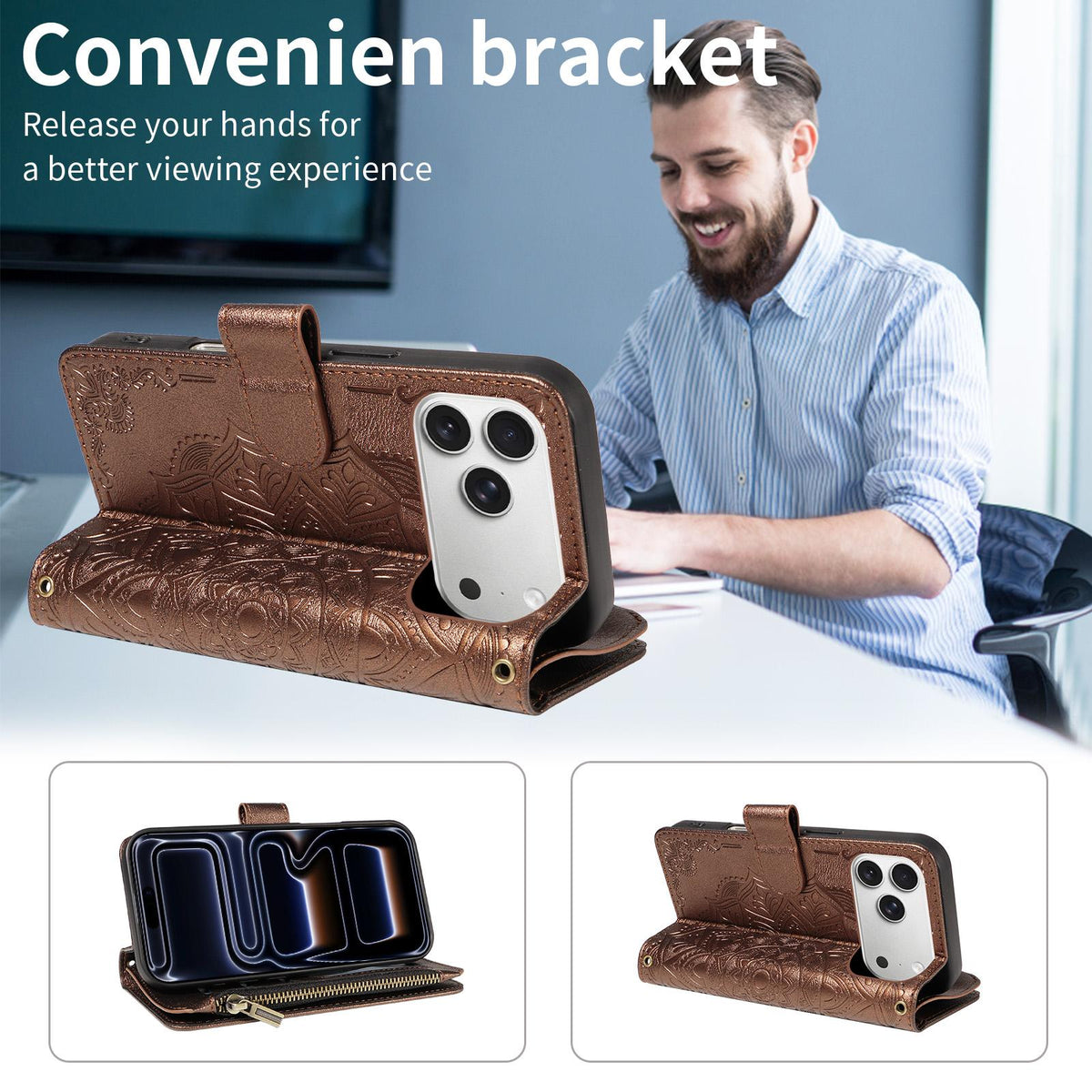 Compatible with iPhone 18 Pro Max & 17 Pro Max Mandala Embossed 9-Card Zipper RFID Vegan Leather Phone Case with Short Lanyard - Brown