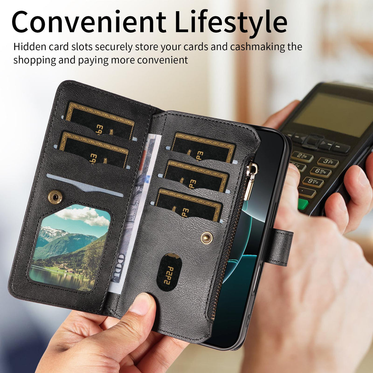 Compatible with iPhone 18 Pro & 17 Pro Mandala Embossed 9-Card Zipper RFID Vegan Leather Phone Case with Short Lanyard - Black