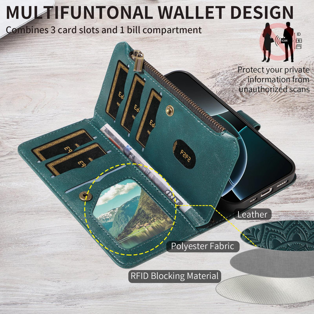 Compatible with iPhone 18 Pro & 17 Pro Mandala Embossed 9-Card Zipper RFID Vegan Leather Phone Case with Short Lanyard - Green