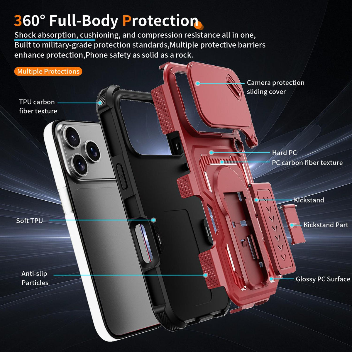 Compatible with iPhone 18 Pro Max Slid Camera Shield Invisible Holder PC Dual-Layer TPU Phone Case - Red