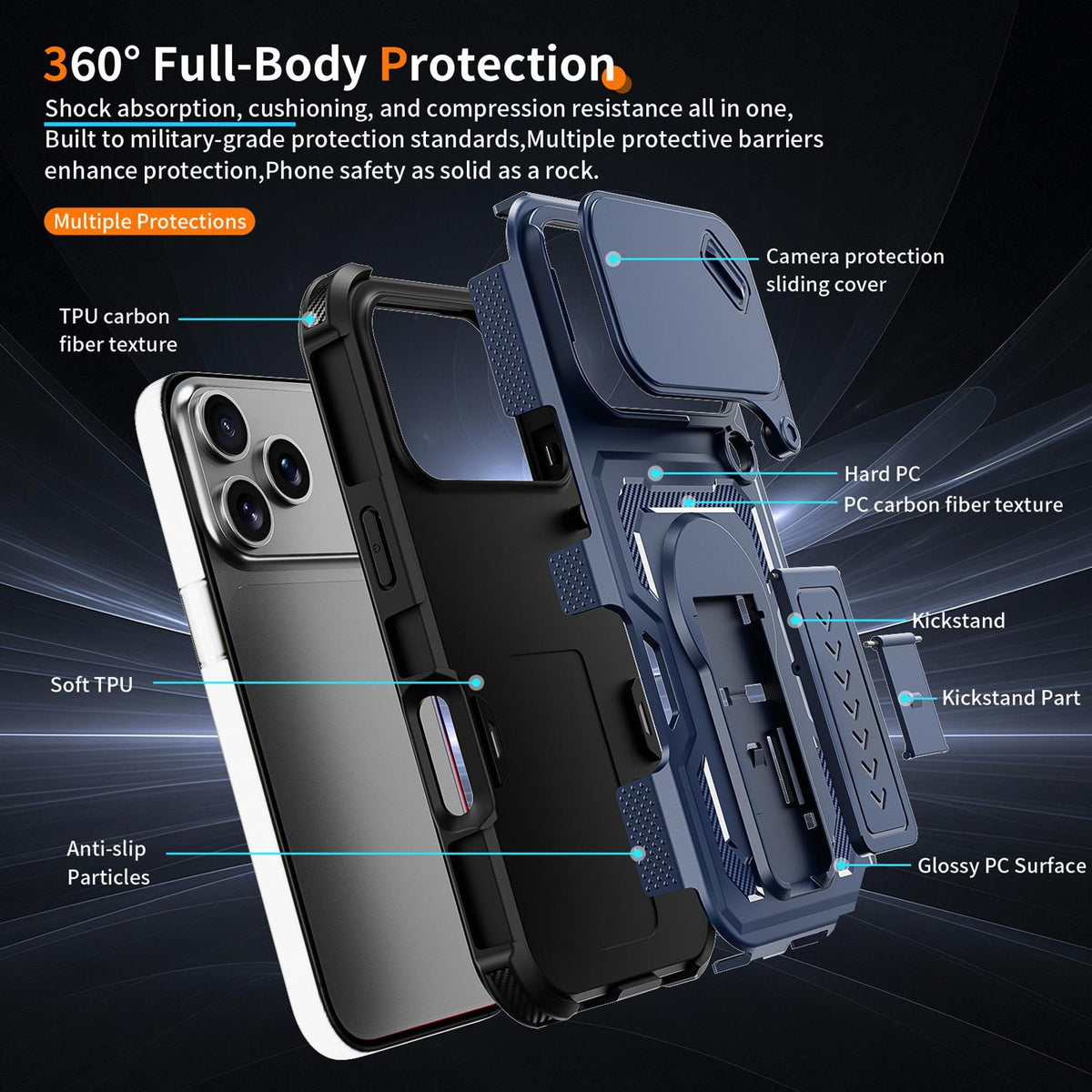 Compatible with iPhone 18 Pro Max Slid Camera Shield Invisible Holder PC Dual-Layer TPU Phone Case - Blue