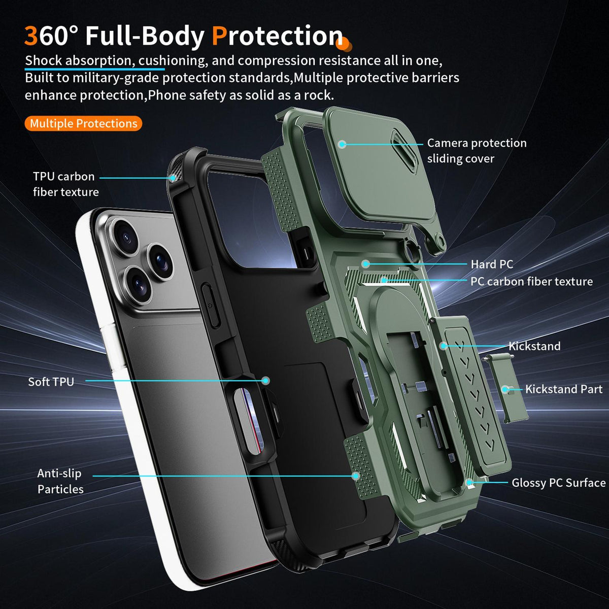 Compatible with iPhone 18 Pro Slid Camera Shield Invisible Holder PC Dual-Layer TPU Phone Case - Green