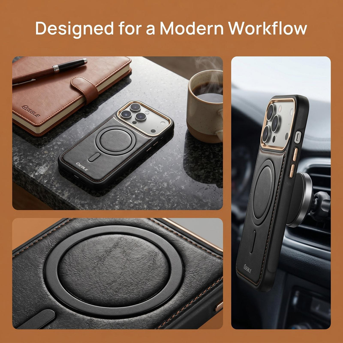 Compatible with iPhone 18 Pro & 17 Pro ESEBLE Crazy Horse Pattern Airbag Shockproof Magnetic Phone Case - Coffee