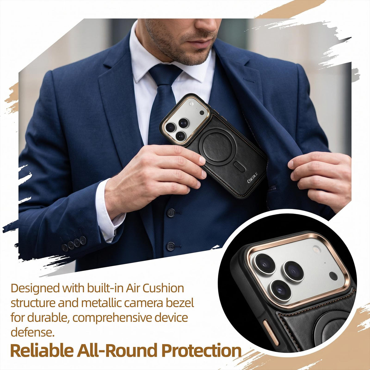Compatible with iPhone 18 Pro Max & 17 Pro Max ESEBLE Crazy Horse Pattern Airbag Shockproof Magnetic Phone Case - Brown