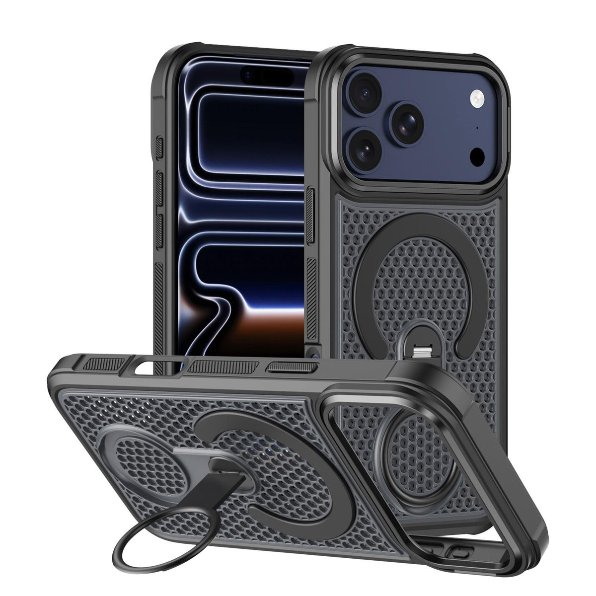 Compatible with iPhone 18 Pro Max Colorful Hollowed Cooling 360 Degree Rotation Ring Holder Magnetic Phone Case - Black