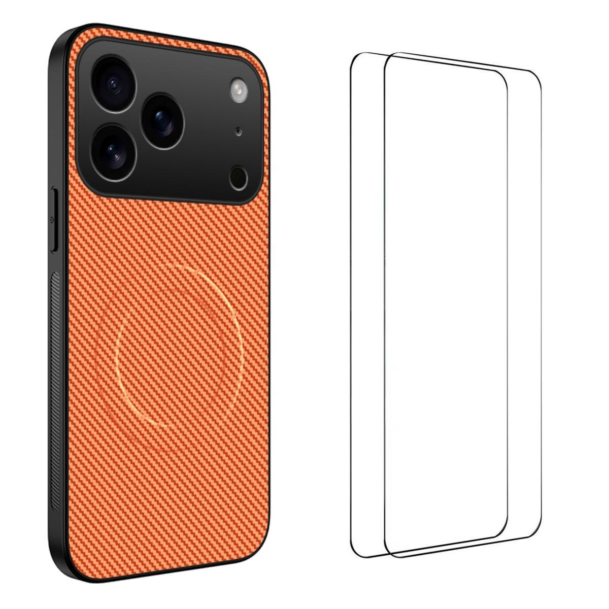 Compatible with iPhone 18 Pro WANLONFENG TQ1 Series Magnetic Carbon Fiber Texture Phone Case with 2pcs Screen Films - Orange