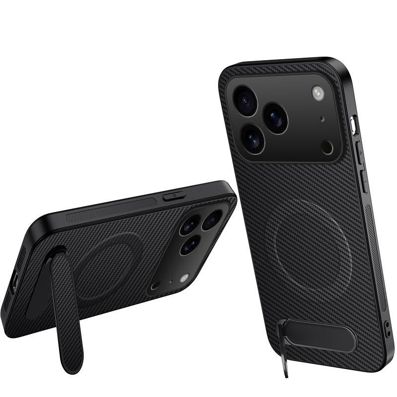 Compatible with iPhone 18 Pro Max WANLONFENG Kickstand Carbon Fiber Texture Magnetic Phone Case - Black