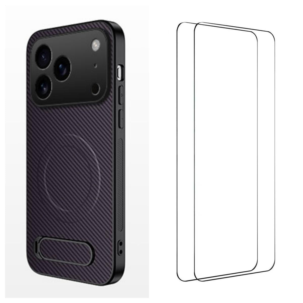 Compatible with iPhone 18 Pro WANLONFENG Kickstand Carbon Fiber Texture Magnetic Phone Case with 2pcs Screen Films - Purple