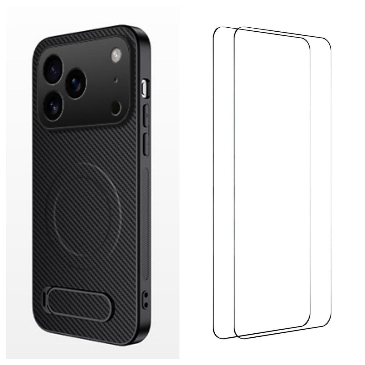 Compatible with iPhone 18 Pro Max WANLONFENG Kickstand Carbon Fiber Texture Magnetic Phone Case with 2pcs Screen Films - Black