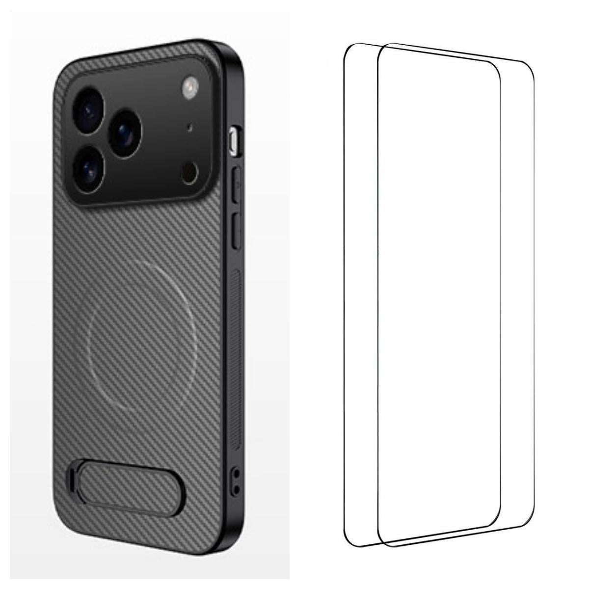 Compatible with iPhone 18 Pro Max WANLONFENG Kickstand Carbon Fiber Texture Magnetic Phone Case with 2pcs Screen Films - Grey