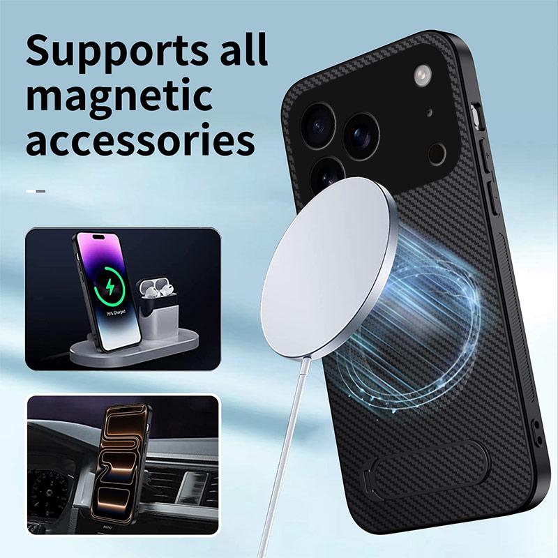 Compatible with iPhone 18 Pro Max WANLONFENG Kickstand Carbon Fiber Texture Magnetic Phone Case with 2pcs Screen Films - Grey