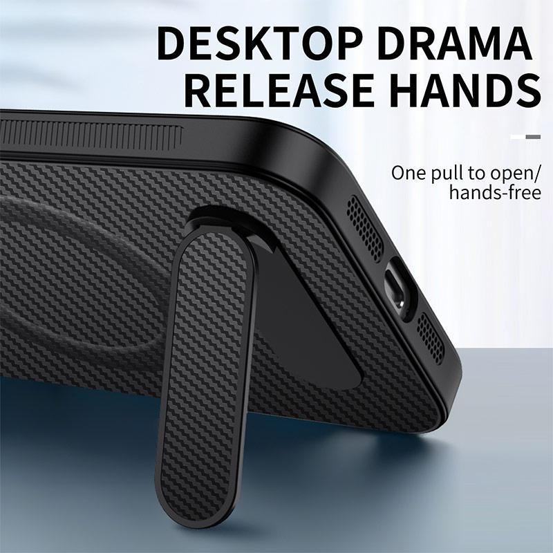 Compatible with iPhone 18 Pro Max WANLONFENG Kickstand Carbon Fiber Texture Magnetic Phone Case with 2pcs Screen Films - Grey