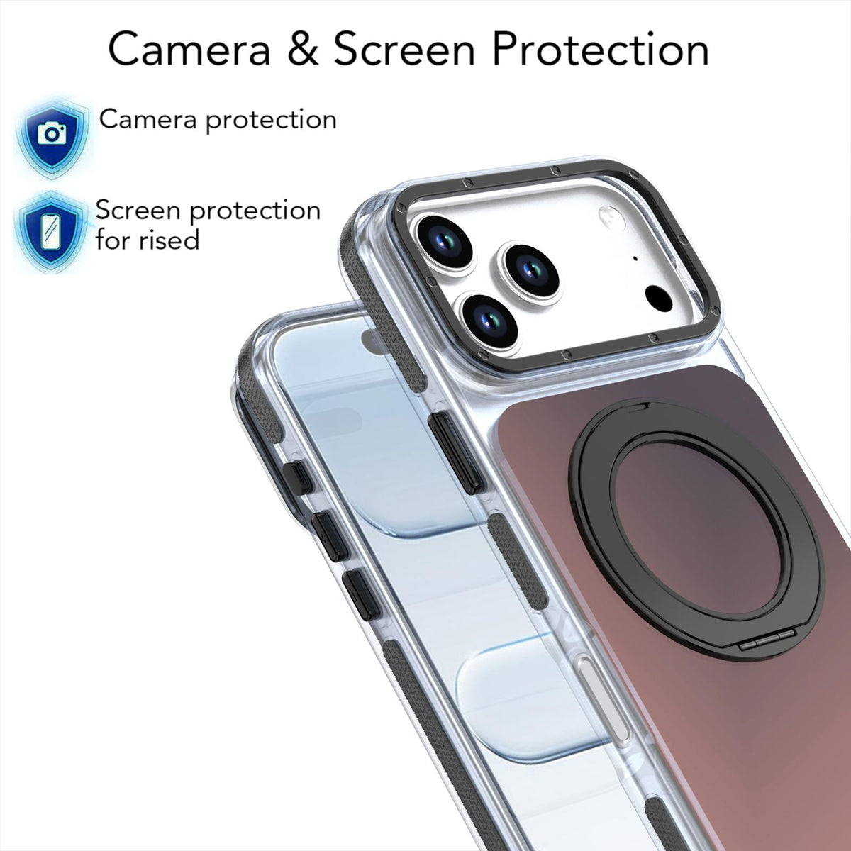 Compatible with iPhone 18 Pro Max Dual Color Gradient Discolor 360 Degree Rotation Holder Magnetic Phone Case - Black